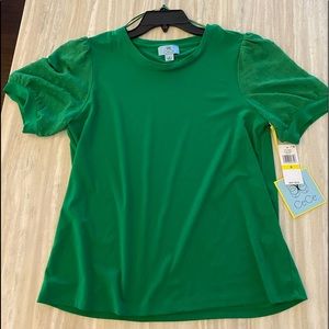 NWT- CeCe Puff Sleeve Mix Media Top- Lush Green, M